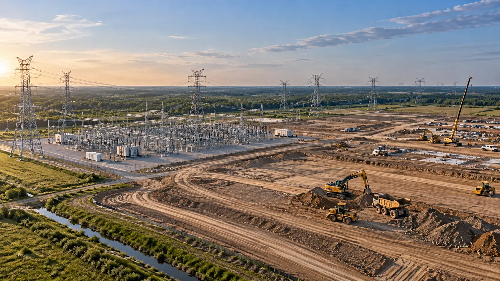 Aerial view of a large-scale powered land site with transmission infrastructure and early construction activity